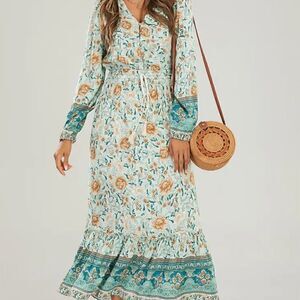 Ditsy Floral Boho Teal and Peach Floral Ruffled Long Sleeve Midi Dress Elegant